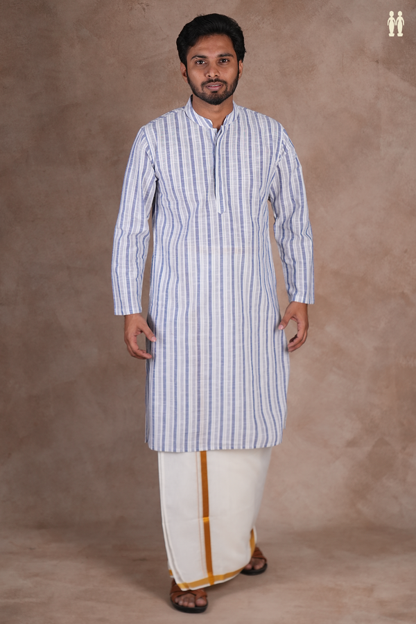 Chinese Collar Stripes Design White And Blue Long Kurta