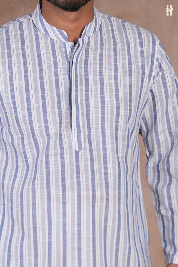 Chinese Collar Stripes Design White And Blue Long Kurta