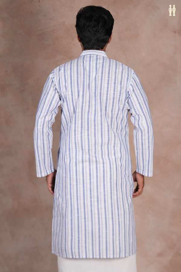 Chinese Collar Stripes Design White And Blue Long Kurta
