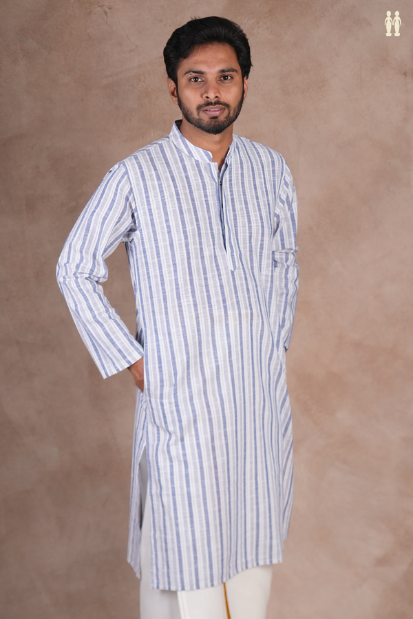 Chinese Collar Stripes Design White And Blue Long Kurta