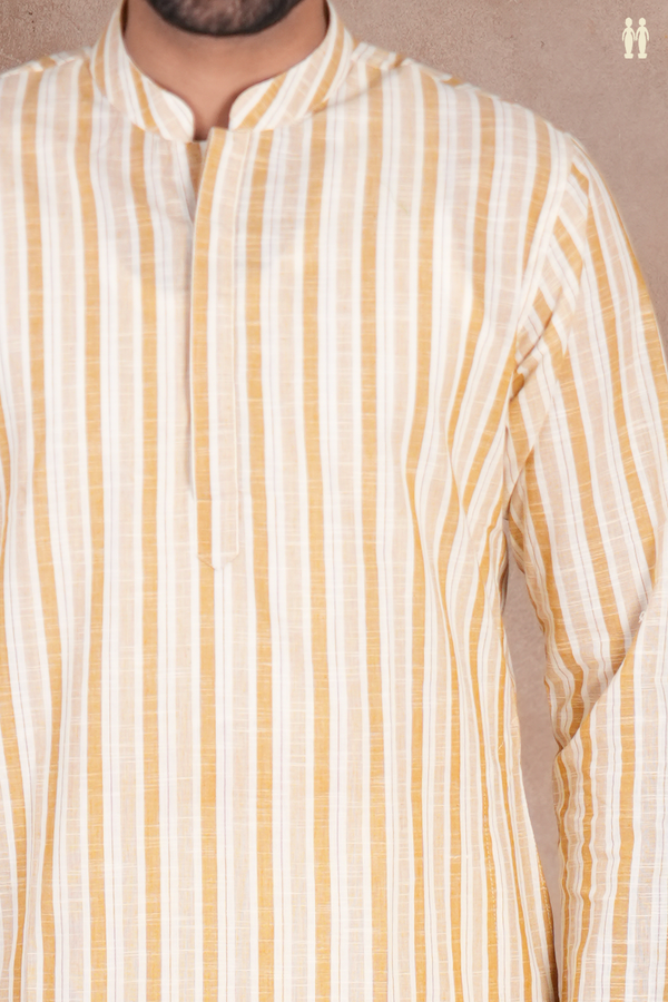 Chinese Collar Stripes Design White And Brown Cotton Long Kurta