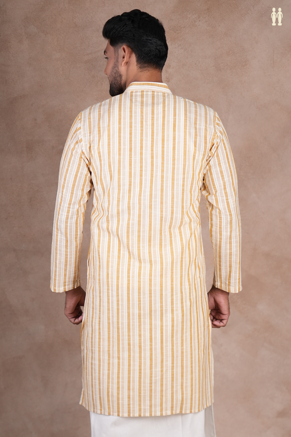 Chinese Collar Stripes Design White And Brown Cotton Long Kurta