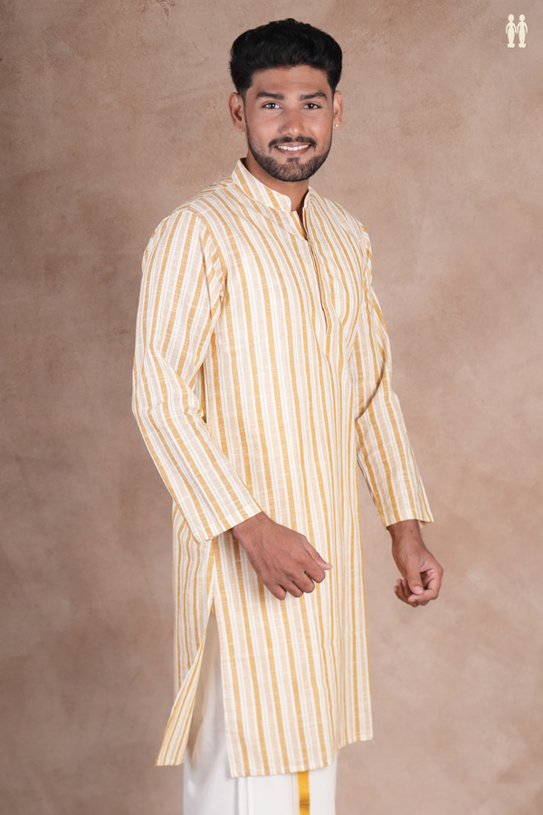 Chinese Collar Stripes Design White And Brown Cotton Long Kurta