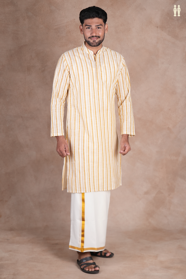Chinese Collar Stripes Design White And Brown Cotton Long Kurta