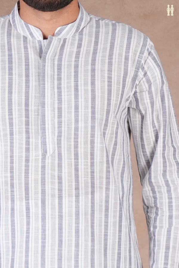 Chinese Collar Stripes Design White And Grey Cotton Long Kurta