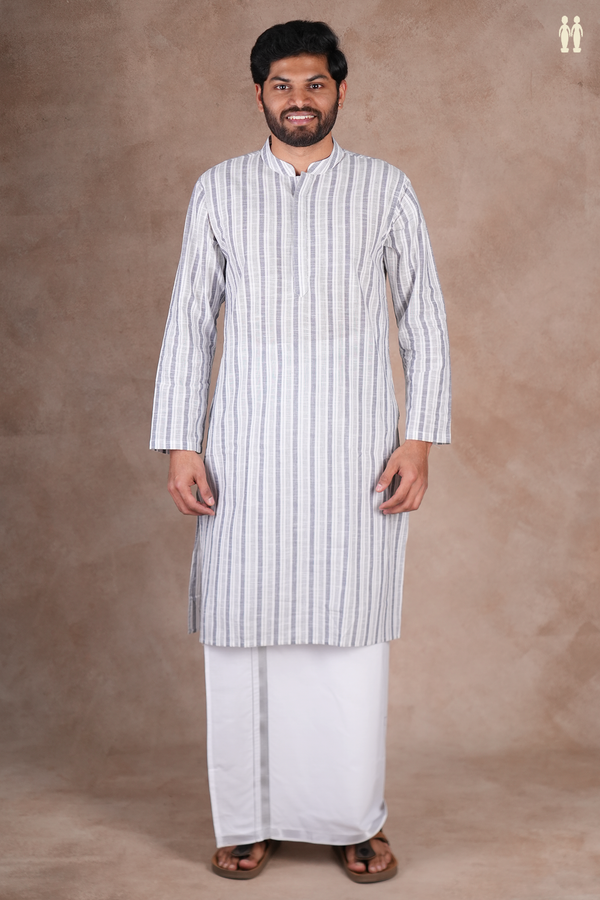 Chinese Collar Stripes Design White And Grey Cotton Long Kurta