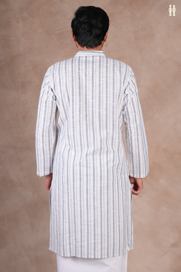 Chinese Collar Stripes Design White And Grey Cotton Long Kurta