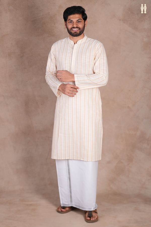 Chinese Collar Stripes Design White And Tan Cotton Long Kurt