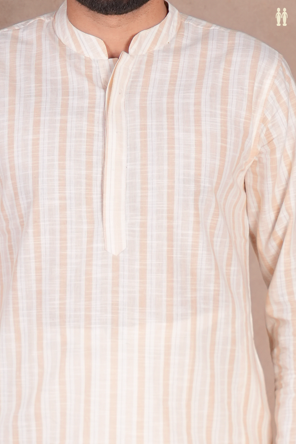 Chinese Collar Stripes Design White And Tan Cotton Long Kurt