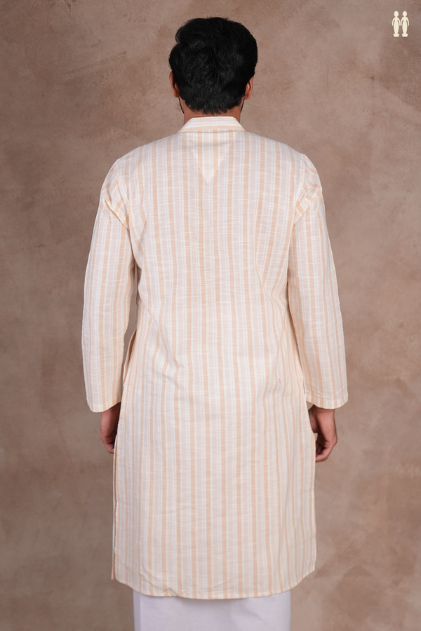 Chinese Collar Stripes Design White And Tan Cotton Long Kurt