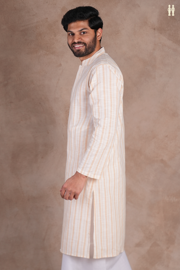 Chinese Collar Stripes Design White And Tan Cotton Long Kurt