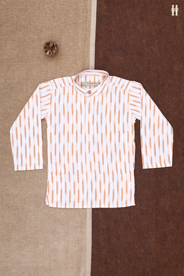 Chinese Collar Stripes Design White Ikat Cotton Kurta