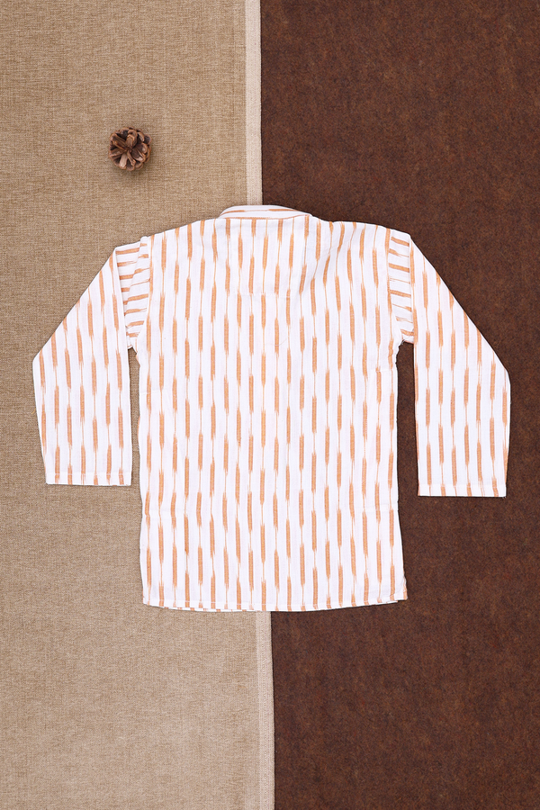 Chinese Collar Stripes Design White Ikat Cotton Kurta