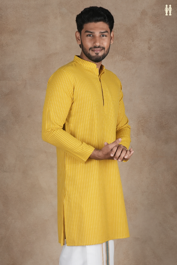 Chinese Collar Stripes Design Yellow Cotton Long Kurta