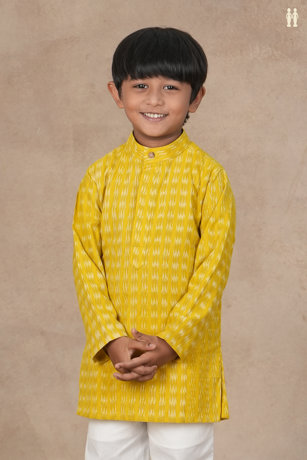 Chinese Collar Stripes Design Yellow Cotton Long Kurta