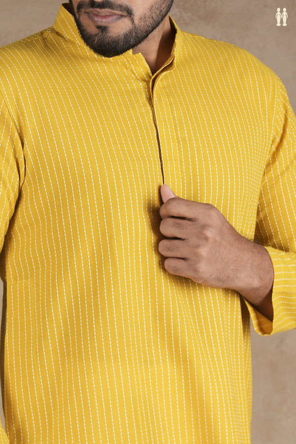Chinese Collar Stripes Design Yellow Cotton Long Kurta