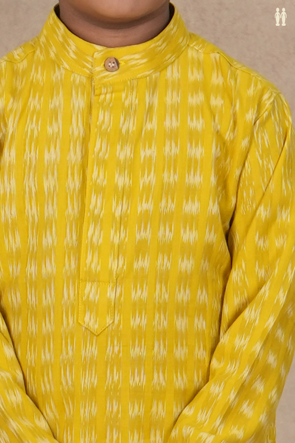 Chinese Collar Stripes Design Yellow Cotton Long Kurta