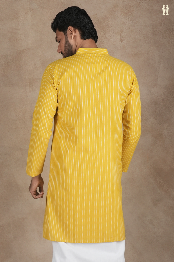 Chinese Collar Stripes Design Yellow Cotton Long Kurta