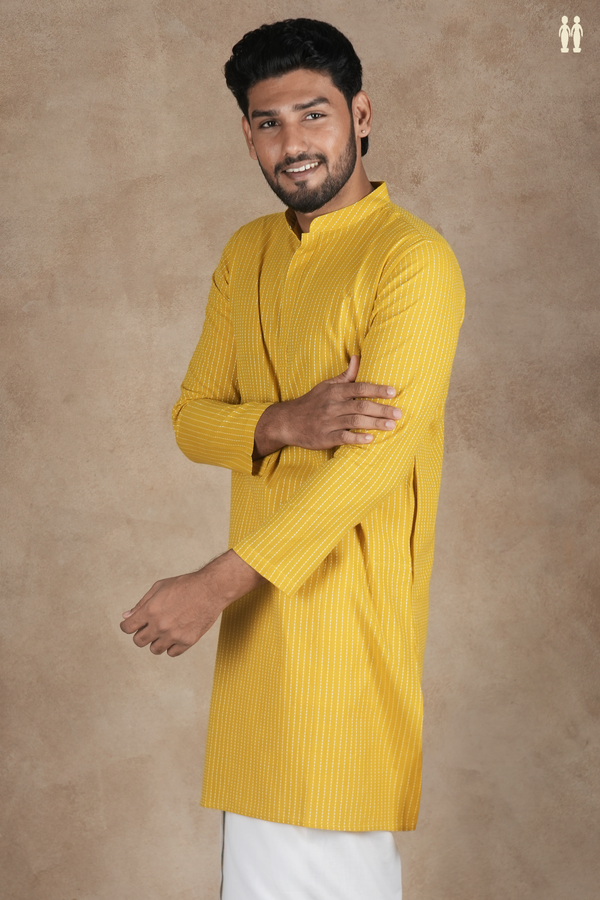 Chinese Collar Stripes Design Yellow Cotton Long Kurta