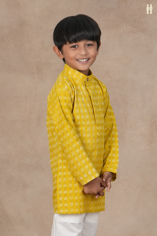 Chinese Collar Stripes Design Yellow Cotton Long Kurta