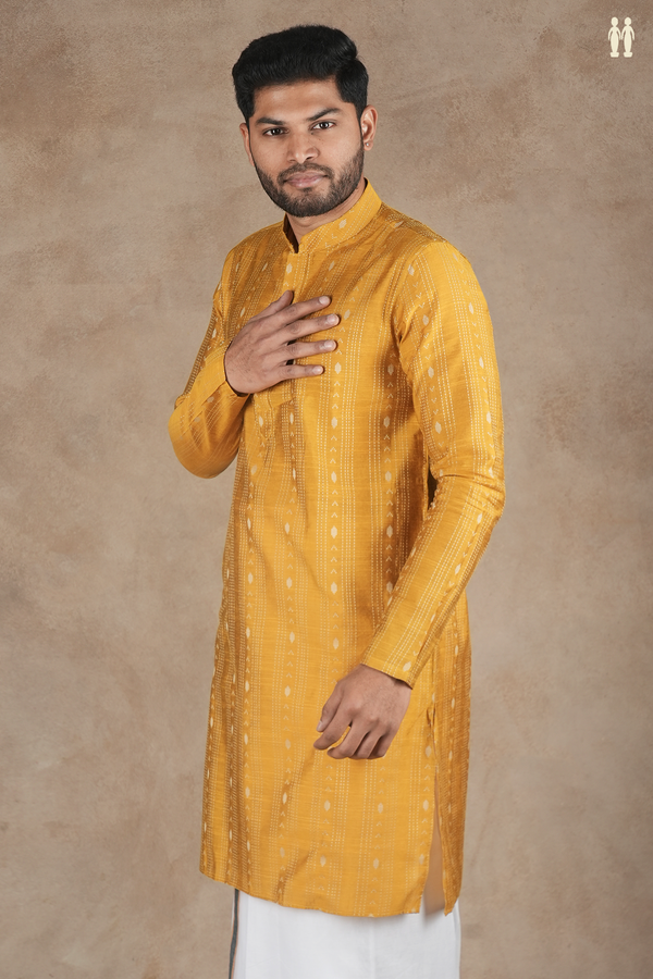 Chinese Collar Stripes Golden Yellow Raw Silk Long Kurta