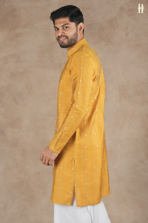 Chinese Collar Stripes Golden Yellow Raw Silk Long Kurta