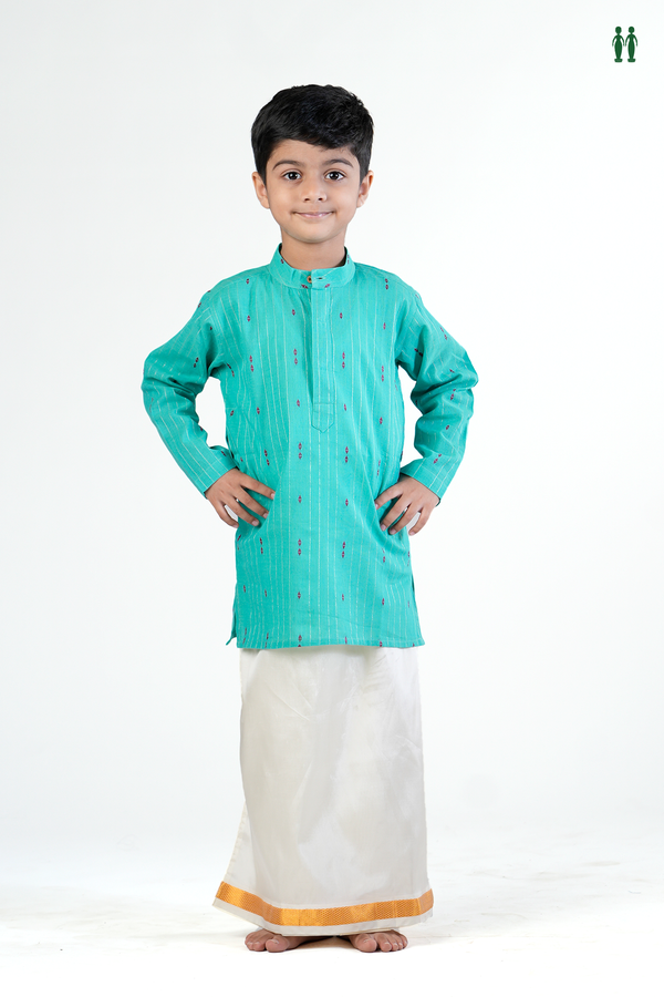 Chinese Collar Threadwork Buttas Aqua Green Cotton Long Kurta