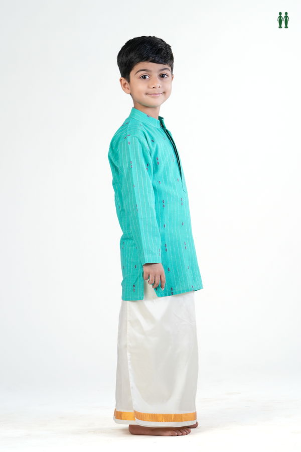 Chinese Collar Threadwork Buttas Aqua Green Cotton Long Kurta