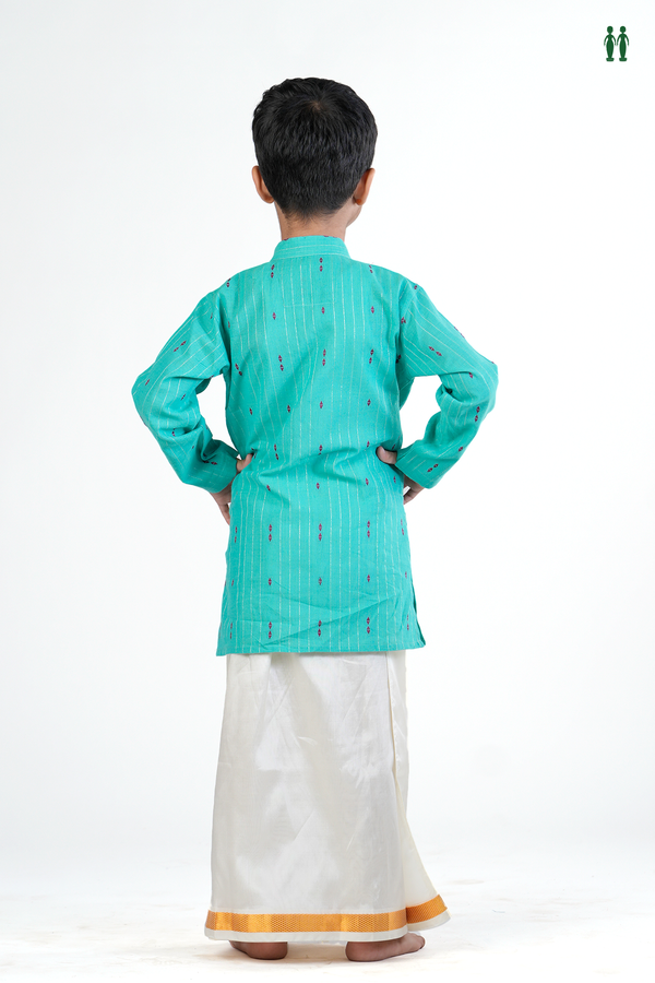 Chinese Collar Threadwork Buttas Aqua Green Cotton Long Kurta