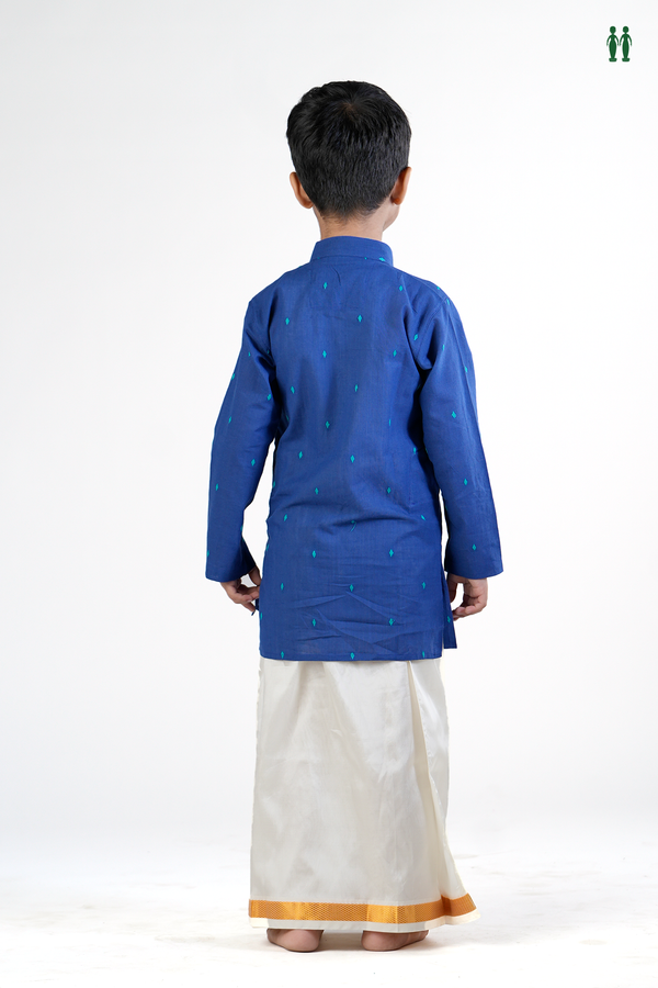 Chinese Collar Threadwork Buttas Blue Cotton Long Kurta