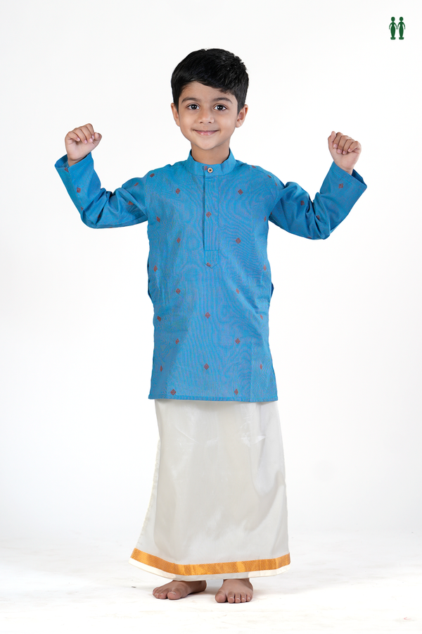 Chinese Collar Threadwork Buttas Blue Cotton Long Kurta