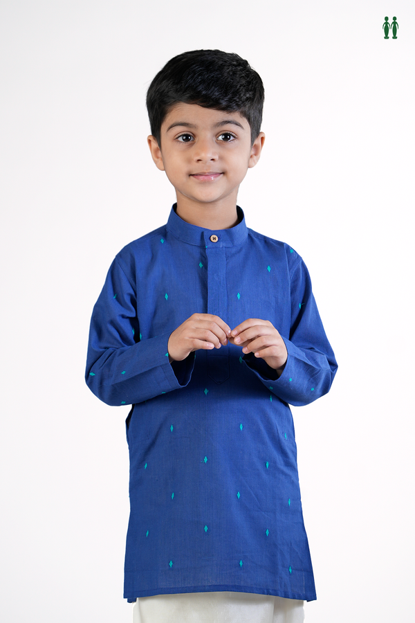 Chinese Collar Threadwork Buttas Blue Cotton Long Kurta