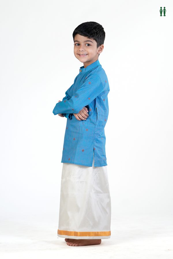 Chinese Collar Threadwork Buttas Blue Cotton Long Kurta