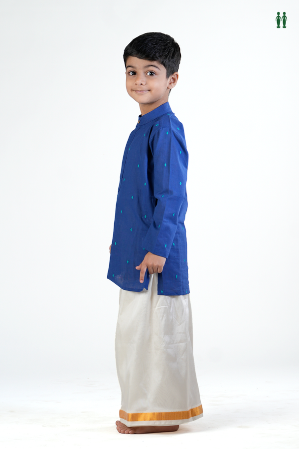 Chinese Collar Threadwork Buttas Blue Cotton Long Kurta