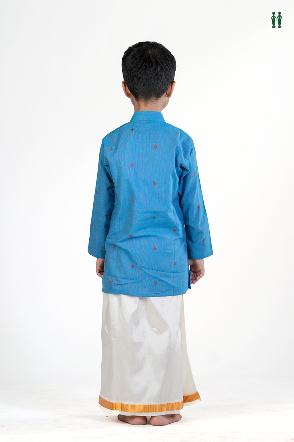 Chinese Collar Threadwork Buttas Blue Cotton Long Kurta