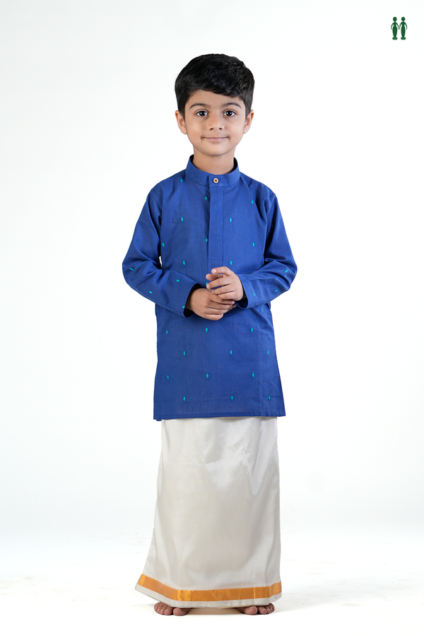 Chinese Collar Threadwork Buttas Blue Cotton Long Kurta