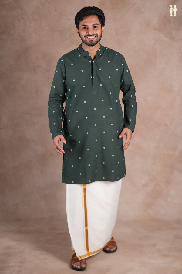 Chinese Collar Threadwork Buttas Green Cotton Long Kurta