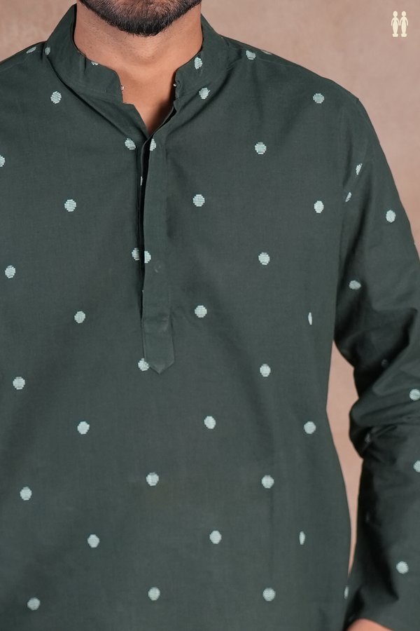 Chinese Collar Threadwork Buttas Green Cotton Long Kurta