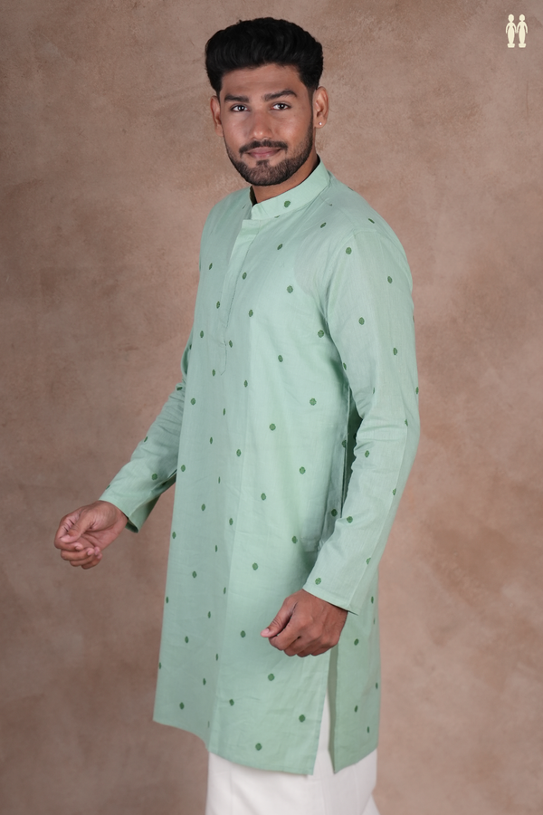 Chinese Collar Threadwork Buttas Green Cotton Long Kurta