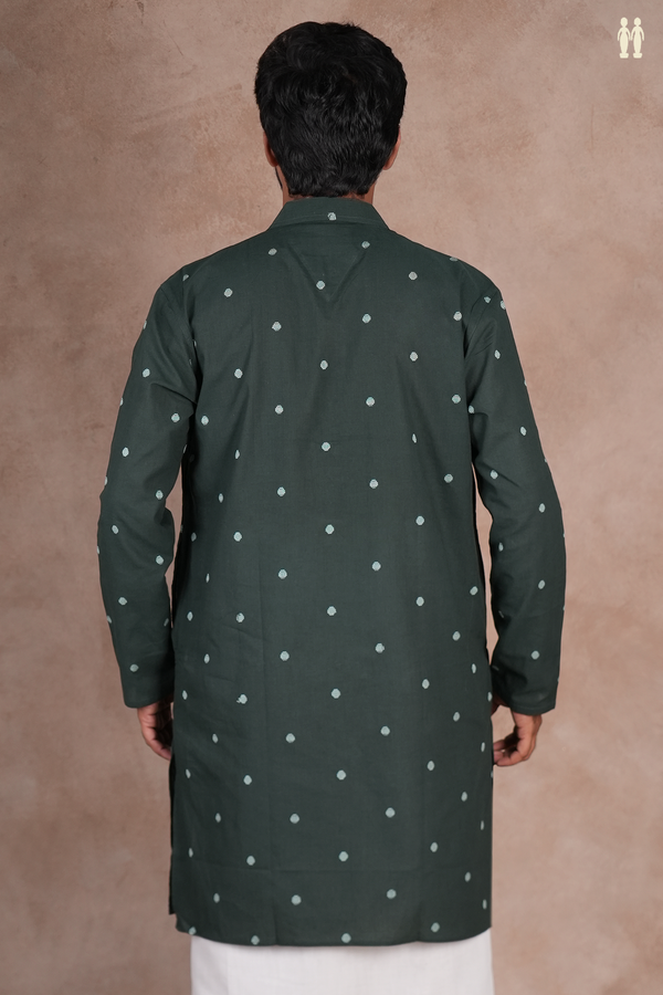Chinese Collar Threadwork Buttas Green Cotton Long Kurta