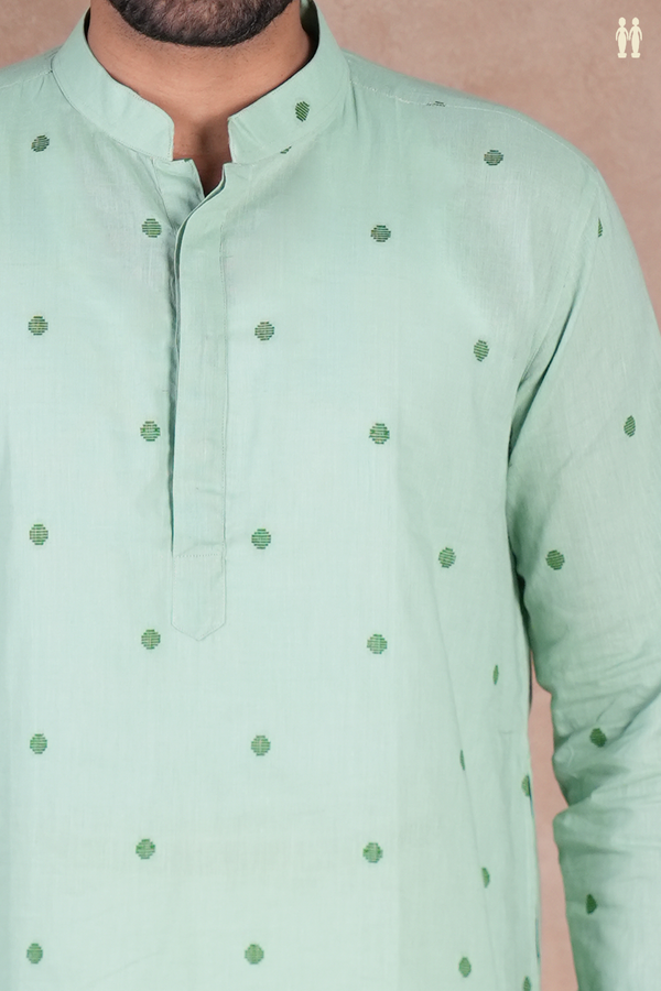 Chinese Collar Threadwork Buttas Green Cotton Long Kurta