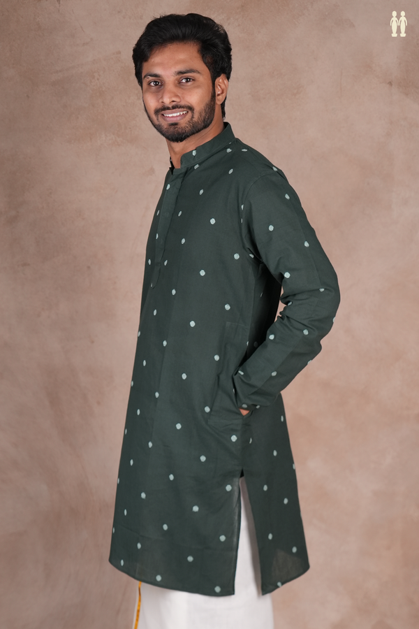 Chinese Collar Threadwork Green Cotton Slim Fit Long Kurta