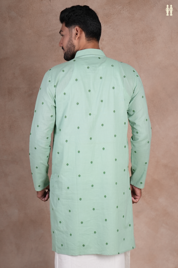 Chinese Collar Threadwork Buttas Green Cotton Long Kurta