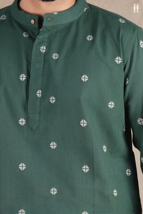 Chinese Collar Threadwork Buttas Green Cotton Short Kurta