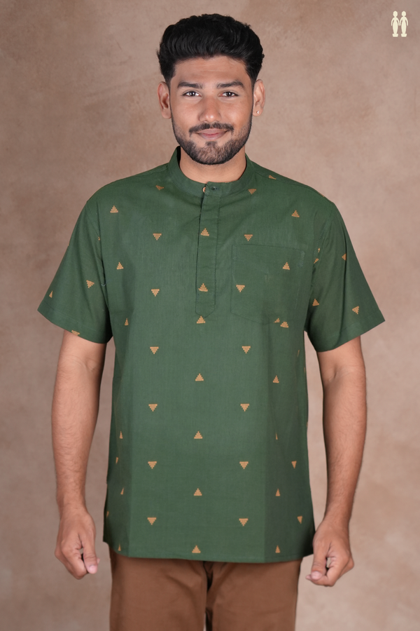 Chinese Collar Threadwork Buttas Green Cotton Short Kurta