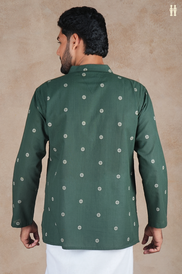 Chinese Collar Threadwork Buttas Green Cotton Short Kurta