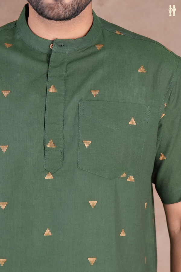 Chinese Collar Threadwork Buttas Green Cotton Short Kurta