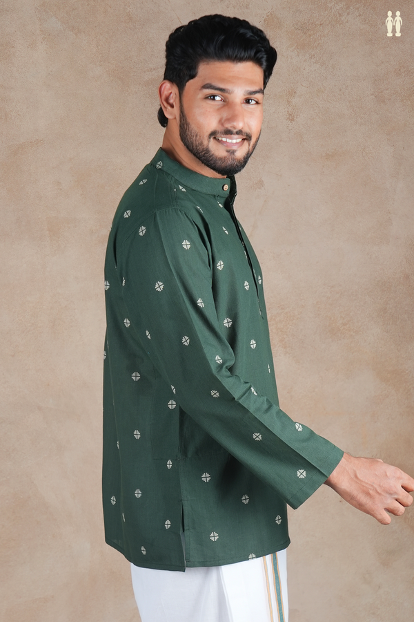Chinese Collar Threadwork Buttas Green Cotton Short Kurta