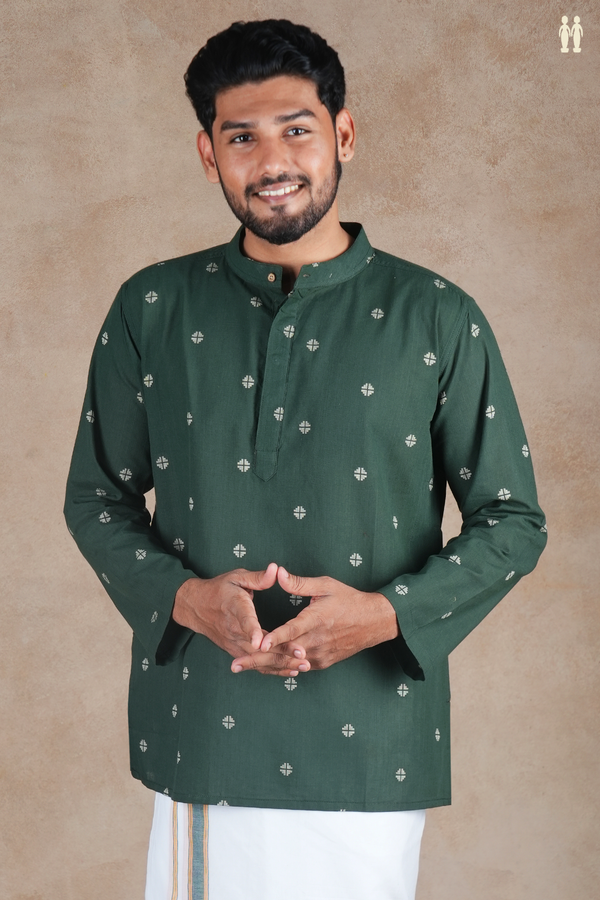 Chinese Collar Threadwork Buttas Green Cotton Short Kurta