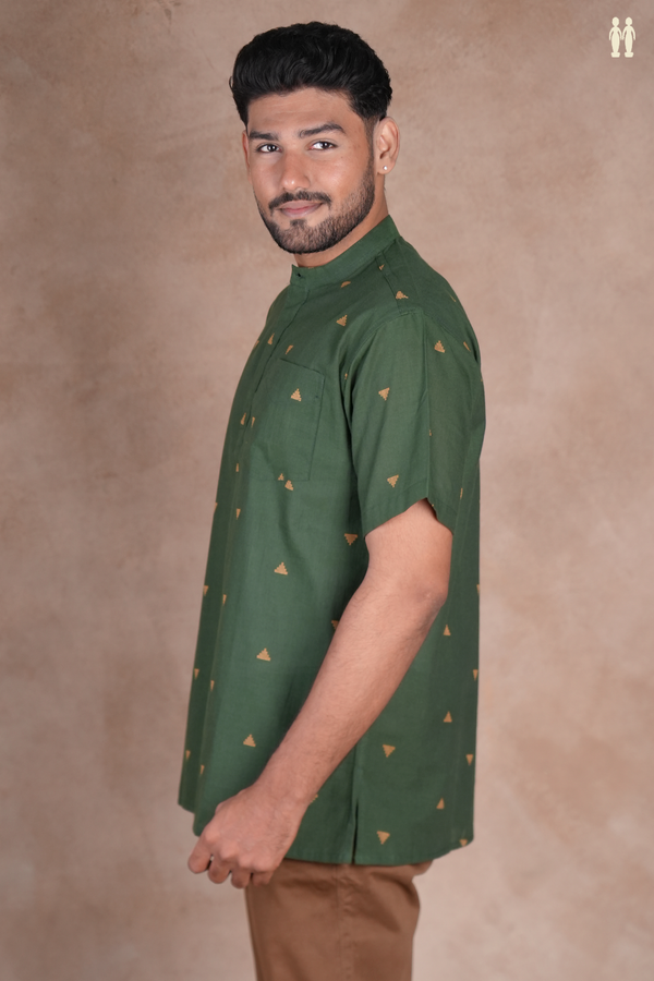 Chinese Collar Threadwork Buttas Green Cotton Short Kurta